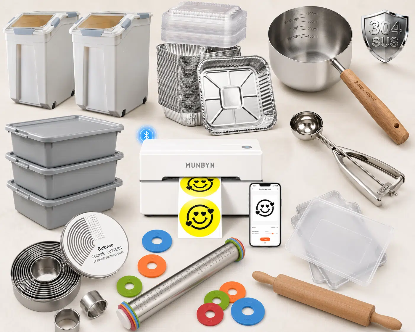 A collection of baking tools and kitchen essentials